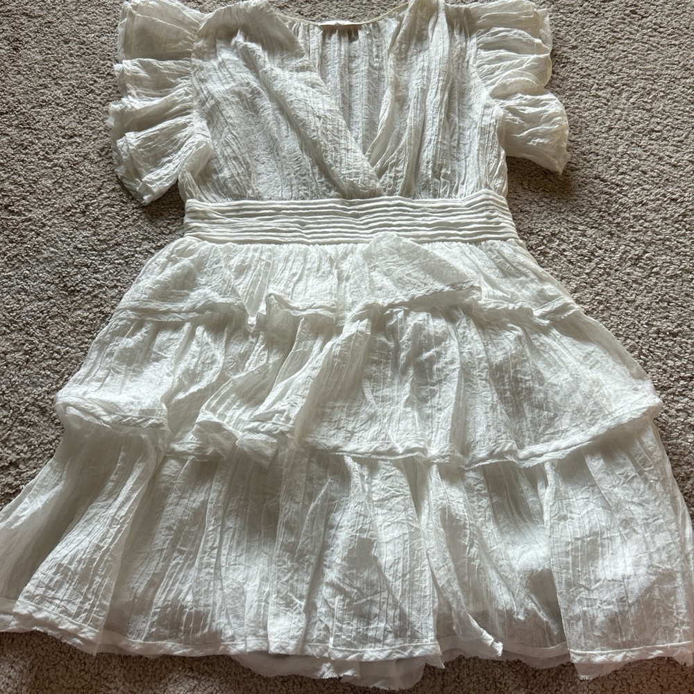 Olivaceous White Ruffled Puff Sleeve Sundress